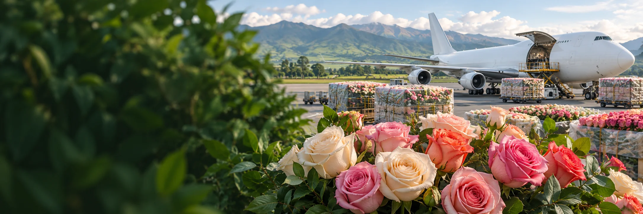 Rosas y carga floral ecuatoriana junto a un avión